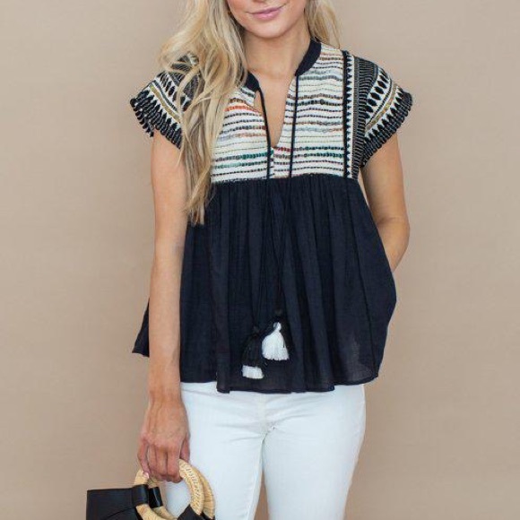 Anthro THML Black Embroidered Tassel Tie Babydoll Blouse Top - Picture 8 of 12